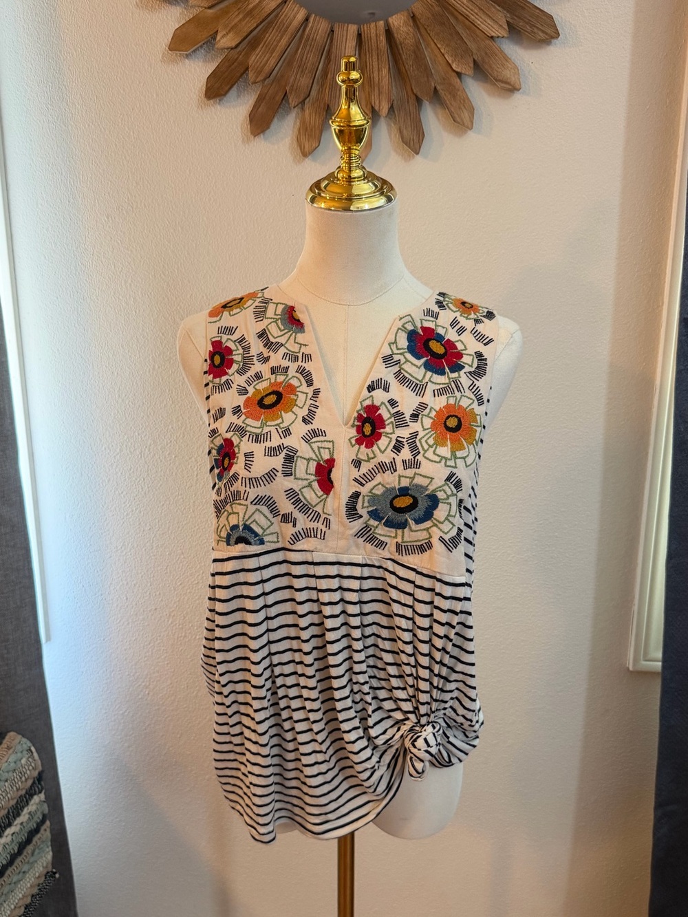 🌸 TINY Anthropologie Embroidered Floral Striped Boho Top S